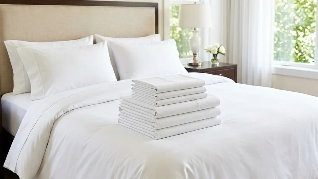 Ropa de cama y sábanas dobladas sobre una cama de hotel